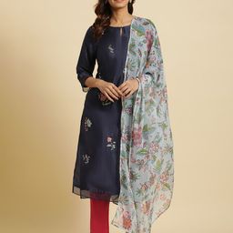 W Blue & Green Floral Printed Dupatta With Gotta Patti-17