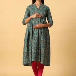CRAFIQA Ethnic Motifs Printed Pure Cotton Band Collar Maternity A-Line Kurta-image-60