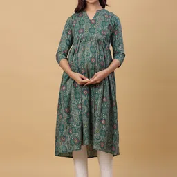 CRAFIQA Ethnic Motif Printed Mandarin Collar Anarkali Maternity Cotton Kurta-image-24