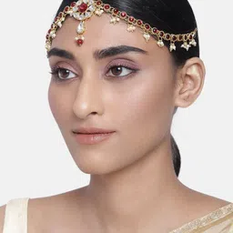 I Jewels Gold-Plated & Maroon Kundan-Studded Beaded Matha Patti-image-31