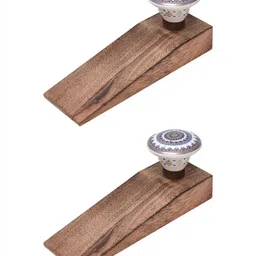 Indianshelf Brown & White 2 Pieces Floral Printed Wooden Door Stoppers-picture-24