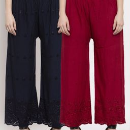 Miaz Lifestyle Women Pack of 2 Maroon & Navy Blue Embroidered Ethnic Palazzos-29