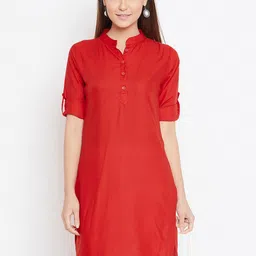 THE PAJAMA FACTORY Mandarin Collar Roll Up Sleeves Straight Kurti-image-74