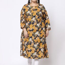 KLOTTHE Women Navy Blue & Mustard Yellow Floral Printed Pure Cotton Straight Kurta-image-84