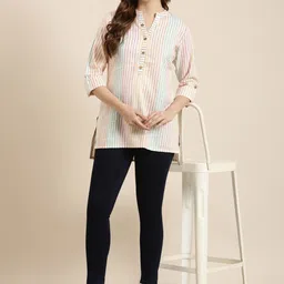 SHOWOFF Striped Mandarin Collar Roll Up Sleeves Kurti-image-28