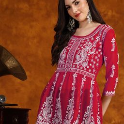 HERE&NOW Red Ethnic Motif Chikankari Embroidered Bell Sleeves A-Line Kurti-image-43