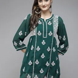 ADA Women Green & White Ethnic Motif Embroidered Chikankari Handloom Kurti With Slip-image-27
