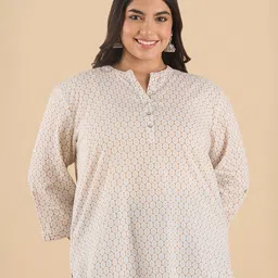 Big Hello - The Plus Life Botanical Printed Mandarin Collar Pure Cotton Straight Kurti-image-10