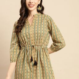 Prakrti Green & Mustard Yellow Striped Pure Cotton Pleated Kurti-18