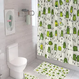 Kuber Industries White & Green 3 Pcs Printed Shower Curtain & Bathmat Set image 1