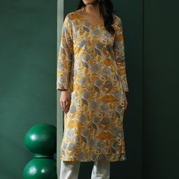 AKS Floral Printed V-Neck Long Sleeves Mulmul Cotton Straight Kurta-picture-54