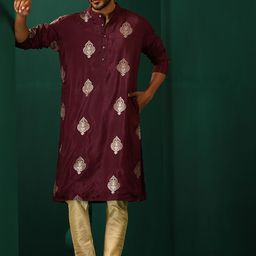 trueBrowns Ethnic Motifs Printed Band Collar Zari A-Line Kurta-image-35