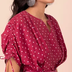 INDYA X Shraddha Kapoor Maroon Bandhani Pleated A-line Kurta with Attached Kurta-image-27