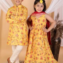 VASTRAMAY Boys Mustard Yellow Floral Printed Kurta with Pyjamas-27