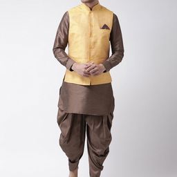 DEYANN Men Yellow Layered Dupion Silk Kurta with Dhoti Pants-picture-18