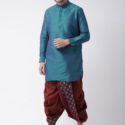 DEYANN Men Blue Solid Dupion Silk Kurta with Printed Dhoti Pants-picture-13