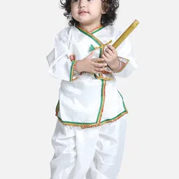 BownBee Boys White Solid Pure Cotton Angrakha Kurta With Dhoti Pants & Mukut-37