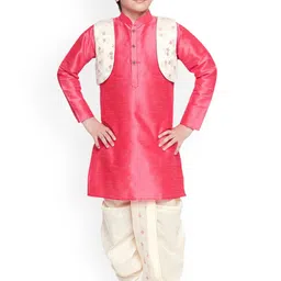 BAESD Boys Mandarin Collar Silk Cotton Straight Kurta with Dhoti Pants & Jacket-picture-1