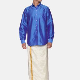 Sethukrishna Men Blue & White Shirt with Dhoti with Angavastram Set-picture-43