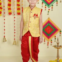Jeetethnics Boys Ethnic Motif Woven Design Mandarin Collar Kurta With Dhoti Pants-image-33