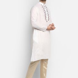 DEVOILER Men White & Cream-Coloured Ethnic Motifs Yoke Design Kurta with Pyjamas image 2