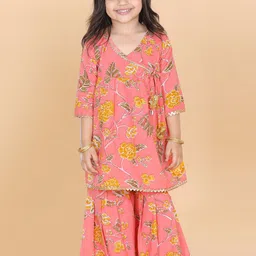 ADIVA Girls Peach Printed Angrakha Pure Cotton Kurta with Sharara-picture-13