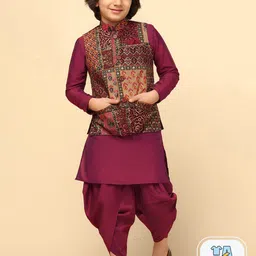KISAH Boys Mandarin Collar Kurta With Pyjamas & Printed Nehru Jacket-16