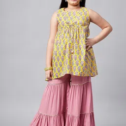 Stylo Bug Girls Yellow Printed Empire Gotta Patti Pure Cotton Kurta with Sharara-image-28