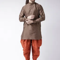 DEYANN Men Brown Dupion Silk Kurta with Dhoti Pants-picture-5