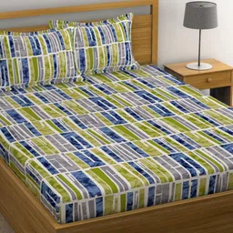 Huesland White & Blue Abstract 144 TC Cotton King Bedsheet With 2 Pillow Covers-image-1