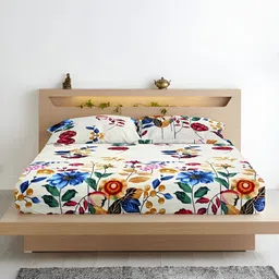 Aurave Cream-Coloured Floral Microfiber 210 TC Fitted Queen Bedsheet with 2 Pillow Covers-20