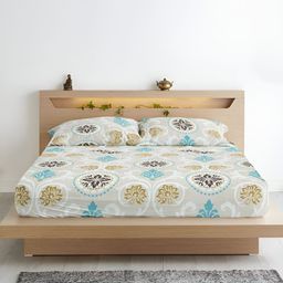 Aurave Olivia Green & White Floral 210 TC Fitted Queen Bedsheet With 2 Pillow Covers-image-97
