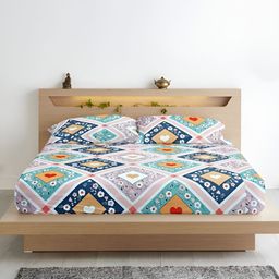 Aurave Olivia Blue & Yellow Floral 210 TC Fitted King Bedsheet with 2 Pillow Covers-image-51