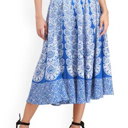 Exotic India Printed Pure Cotton Flared Midi Skirt-image-13