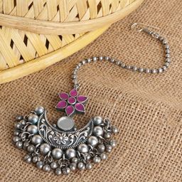 TEEJH Oxidised Silver-Plated Stone-Studded Oxidised Maangtikka-82