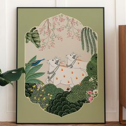 INDIAN CLASSIC ART Green & Beige Indian Cow Pichwai Framed Wall Art-picture-46