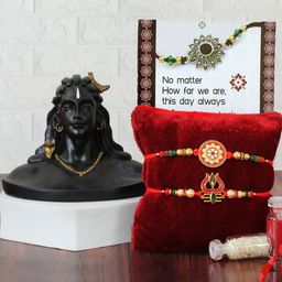 TIED RIBBONS Set of 2 Trishul Rakhi With Adiyogi Shiva Idol Greeting Card & Roli ChawalSet-44