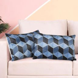 DREAM WEAVERZ Blue & Black Set of 2 Abstract Velvet Rectangle Cushion Covers-7