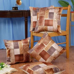 DREAM WEAVERZ Brown & Gold-Toned Set of 5 Abstract Velvet Square Cushion Covers-52
