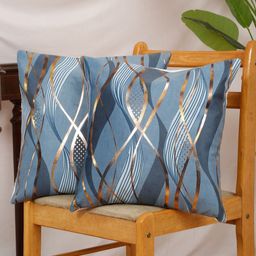 DREAM WEAVERZ Blue & Gold-Toned Set of 2 Abstract Velvet Square Cushion Covers-16