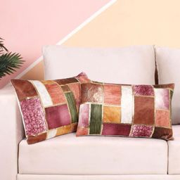 DREAM WEAVERZ Pink & Brown Set of 2 Geometric Velvet Rectangle Cushion Covers-19