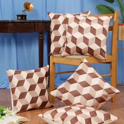 DREAM WEAVERZ Beige & Brown Set of 5 Geometric Velvet Square Cushion Covers-image-71