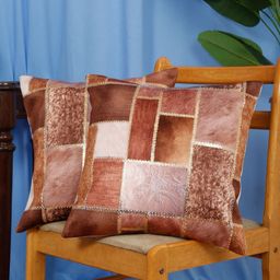 DREAM WEAVERZ Brown & White Set of 2 Abstract Velvet Square Cushion Covers-1