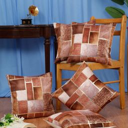 DREAM WEAVERZ Brown & Gold-Toned Set of 5 Geometric Velvet Square Cushion Covers-42