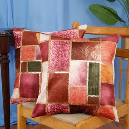 DREAM WEAVERZ Pink & Rust Set of 2 Geometric Velvet Square Cushion Covers-16