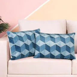 DREAM WEAVERZ Blue & Gold-Toned Set of 2 Geometric Velvet Rectangle Cushion Covers-42
