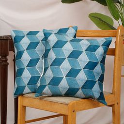 DREAM WEAVERZ Blue & Gold-Toned Set of 2 Geometric Velvet Square Cushion Covers-27