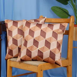 DREAM WEAVERZ Brown & Peach-Coloured Set of 2 Geometric Velvet Square Cushion Covers-5