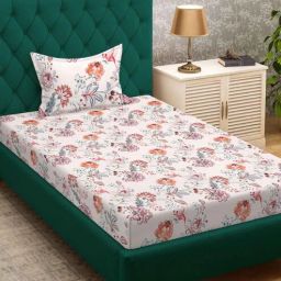klotthe White Floral 300 TC Cotton Blend Single Bedsheet with Pillow Cover-picture-1