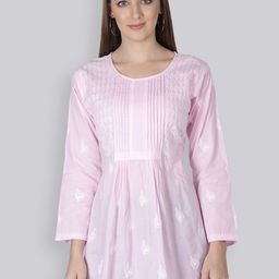 Seva Chikan Floral Embroidered Pure Cotton Chikankari A-Line Kurti-image-23